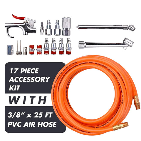 Three Eighth Inch PVC Air Hose Kit 25 Foot With Seventeen Piece Accessory Set Featuring Solid Brass Ends And Dual One Quarter MNPT Connectors For DIY Home Shop Use Providing Flexible Durable Air Supply For Compressors And Tools