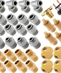 Kit components for Three Eighth Inch NPT Air Ride Suspension High Flow Air Valves and Solenoids Kit with fittings and connectors.