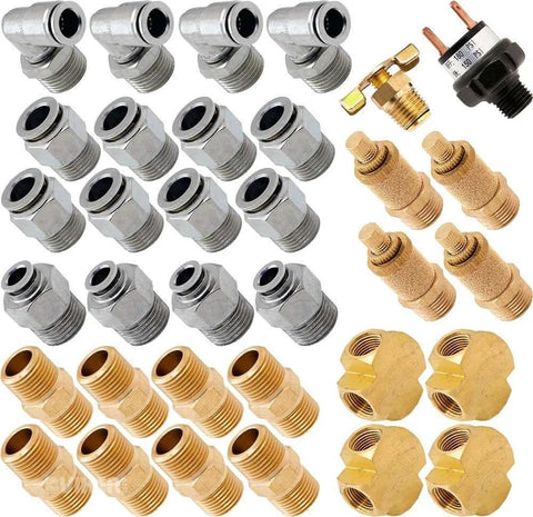 Kit components for Three Eighth Inch NPT Air Ride Suspension High Flow Air Valves and Solenoids Kit with fittings and connectors.