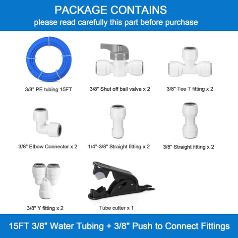 Three Eighths Inch RO Water Tubing 15 Ft Food Grade PE Water Line With Twelve Quick Connect Fittings package contents