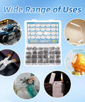 Assorted springs in a 380-pack utility cart with a wide range of uses illustrated, including tools and household items.