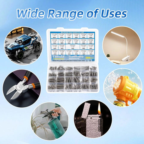 Assorted springs in a 380-pack utility cart with a wide range of uses illustrated, including tools and household items.