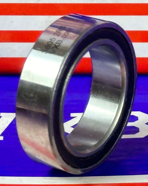 3805-2RS Angular Contact Bearing Sealed 25x37x10mm, chrome steel, rubber seals, side view.