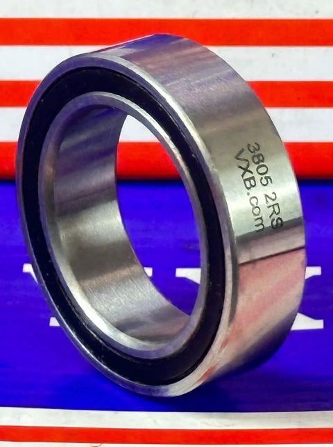 3805-2RS Angular Contact Bearing Sealed 25x37x10mm chrome steel bearing with double rubber seals, side view.