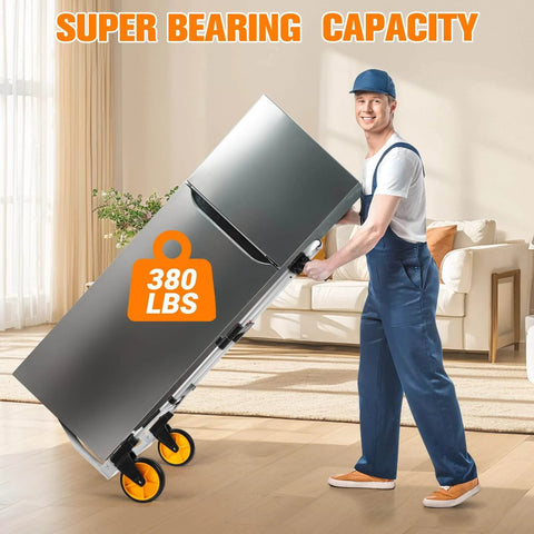 Man using ✝️ 380 LB Capacity Folding Hand Truck Heavy Duty Foldable Dolly Cart with Wheels in living room, moving a large fridge.
