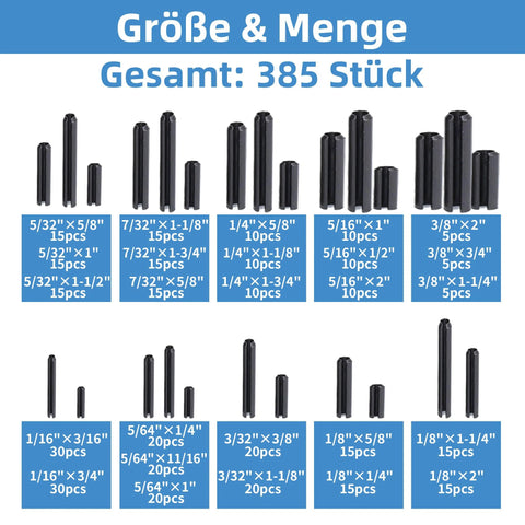 Complete 385 Piece Roll Pin Set Kit With 26 Sizes For Home Improvement And Automotive Repair Durable 65Mn Steel