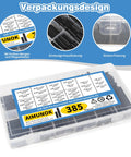 Complete 385 Piece Roll Pin Set Kit With 26 Sizes For Home Improvement And Automotive Repair Durable 65Mn Steel AIMUNOK packaging