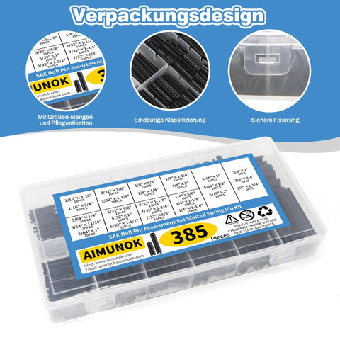 Complete 385 Piece Roll Pin Set Kit With 26 Sizes For Home Improvement And Automotive Repair Durable 65Mn Steel AIMUNOK packaging