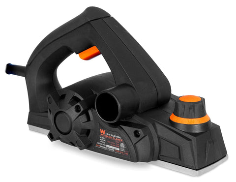 Side view of a Powerful 3.8 Amp Electric Hand Planer with a 2-3/8 inch width designed to smooth boards, square edges, help doors fit precisely.