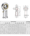 3/8 Inch Female Rod End Bearing With 3/8-24 Right Hand Thread, Self Lubricating Joint, 9 Degree Angular Misalignment dimensions