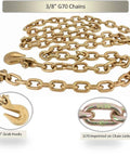 3/8 Inch x 6 FT Grade 70 Binder Chain with Clevis Grab Hooks, G70 Transport Tow Chain, 6,600 Lbs, showing chain links and hooks