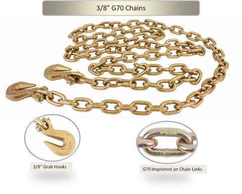 3/8 Inch x 6 FT Grade 70 Binder Chain with Clevis Grab Hooks, G70 Transport Tow Chain, 6,600 Lbs, showing chain links and hooks