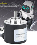 Incremental Rotary Encoder Five To Twenty Six Volts DC Top Notch 38 Millimeter Diameter NPN Open Collector ABZ shown with robotic backdrop