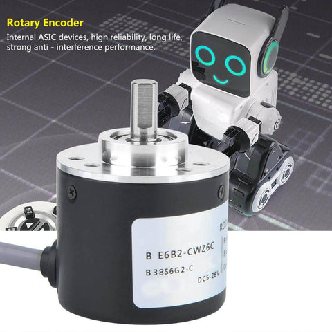 Incremental Rotary Encoder Five To Twenty Six Volts DC Top Notch 38 Millimeter Diameter NPN Open Collector ABZ shown with robotic backdrop