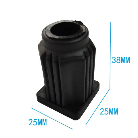 Black plastic caster socket sleeve for 25x25mm tubing, showing measurements. Four 38mm Square Caster Socket Sleeves For 25x25mm Square Tubing.