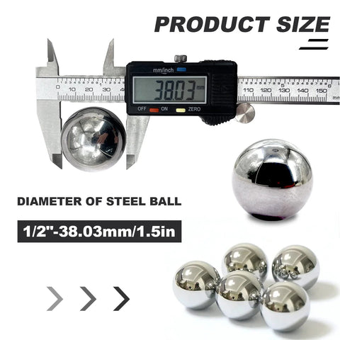 1.5 Inch Bearing Balls Set Five Pieces 38mm G25 Steel Precision Balls showing size measurement with caliper