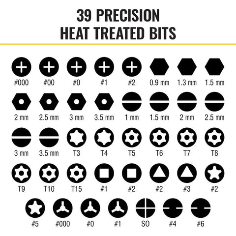 Diagram of 39 precision heat-treated bits for All In One Precision Screwdriver Set With 39 Bits For Apple Devices Magnetic Dual End Barrel For One Handed Fastener Retention Case Included Klein Tools Pro Repair Kit For Tech Enthusiasts showing assorted shapes and sizes