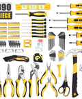 390-Piece Hand Tool Kits for Home, including screwdrivers, pliers, and hammer, displayed with a 14-Inch Wide Mouth Tool Bag for DIY projects.