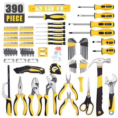 390-Piece Hand Tool Kits for Home, including screwdrivers, pliers, and hammer, displayed with a 14-Inch Wide Mouth Tool Bag for DIY projects.