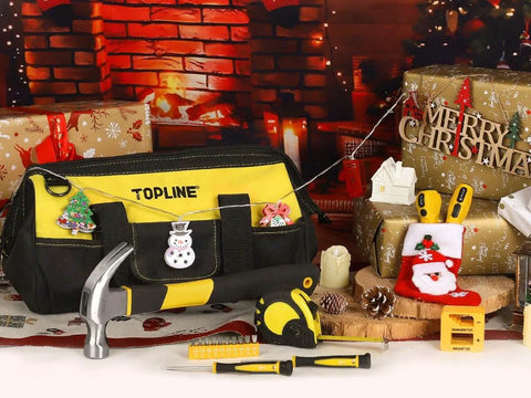 390-Piece Hand Tool Kits for Home, 14-Inch Wide Mouth Tool Bag with Tools Included, displayed with holiday decorations