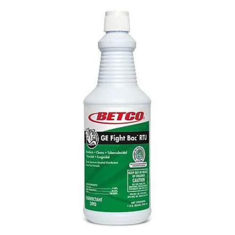 Front view of white Betco GE Fight Bac RTU disinfectant spray bottle, 32 oz with green label.
