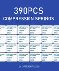 Assortment of 390 compression springs in 24 sizes displayed on a blue background