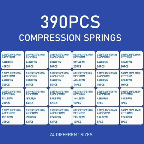 Assortment of 390 compression springs in 24 sizes displayed on a blue background
