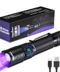 Portable 395nm UV Flashlight Ultraviolet Black Light Mini USB Rechargeable with metal body next to packaging and USB cable.