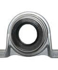 Front view of 12 mm extra-narrow set-screw pillow block ball bearing unit, single-row insert, M6 bolt mount, pressed steel covers, ZDC alloy housing
