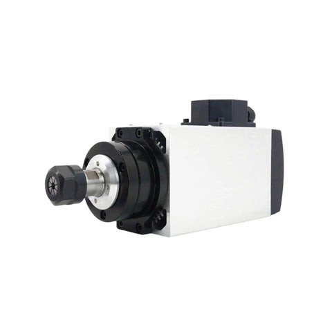 Front view of Beefed-Up Square CNC Router Spindle Kit 3KW ER20 with water-cooled VFD inverter, four-bearing live spindle.