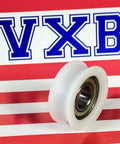 12mm Bore Bearing - 37mm Round Pulley V-Groove Track Roller on striped background, VXB logo visible.