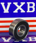 Three-quarter front view of 1615-2RS sealed bearing, 7/16 x 1-1/8 x 3/8 in, steel with black rubber seals, VXB.