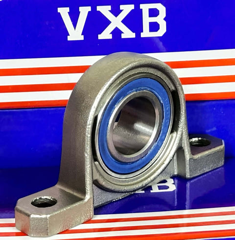 25mm Bore Miniature Stainless Steel Pillow Block Mounted Bearing on a blue and red box with VXTB logo.