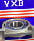 30mm Bore Miniature Stainless Steel Pillow Block Mounted Bearing on display with blue and red packaging.