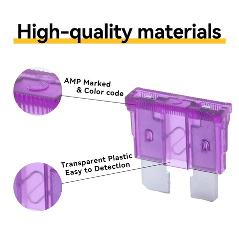 Close-up of a 3 Amp ATC ATO blade fuse in purple with tin-plated zinc terminals, labeled for cars, trucks, boats, marine and RV systems.