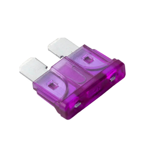 Close-up of a single purple 3A blade fuse from a 20 Pack 3 Amp Blade Fuses For Automotive Use, Fast Acting 3A Auto Fuses 12V 24V 32V.