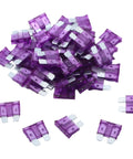 Image showing a pile of 100 Pack 3 Amp ATC ATO Auto Fuses Regular Blade Fuses For Cars, Trucks, Boats, Marine And RV Electrical Systems, Tin Plated Zinc Terminals, Fast Blow Protection Against Short Circuits, Durable, No Fuss, Easy Install Fuse Kit