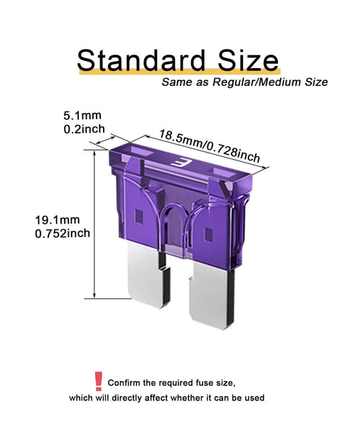 50 Pack 3A Standard Blade Car Fuses For 12V And 24V Systems With 32V Rating, ATO APR ATS Compatible, dimensions shown
