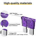 Close-up of purple 3A standard blade fuse, 32V rated, showing AMP markings, compatible with 12V/24V systems, part of 50 Pack 3A Standard Blade Car Fuses For 12V And 24V Systems With 32V Rating, ATO APR ATS Compatible, A No Brainer Replacement For RV Truck And SUV, Durable Auto Electrical Protection And Easy Install For Any DIY.