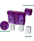 Close-up of a purple 3 Amp blade fuse with zinc alloy conductivity and transparent housing, from 20 Pack 3 Amp Blade Fuses For Automotive Use.