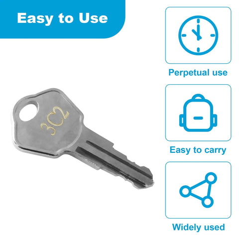 Three Replacement Keys for 3C2 Safe Locks provide fast, secure access to safes, file cabinets, and desks; this cost‑effective 3‑piece set matches 3C2 codes, helping you regain access quickly and conveniently key on white background with icons indicating ease of use, portability, and wide application.