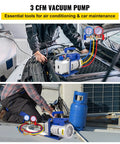 3CFM 1/4HP Single Stage Air Vacuum Pump Kit for HVAC Refrigeration with gauges and hoses in use, durable carrying tote by VEVOR