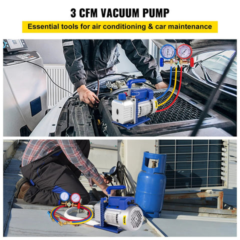 3CFM 1/4HP Single Stage Air Vacuum Pump Kit for HVAC Refrigeration with gauges and hoses in use, durable carrying tote by VEVOR