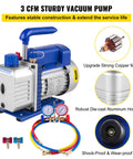 3CFM 1/4HP single-stage air vacuum pump kit by VEVOR with AC manifold gauge, die-cast aluminum housing, and carrying tote.