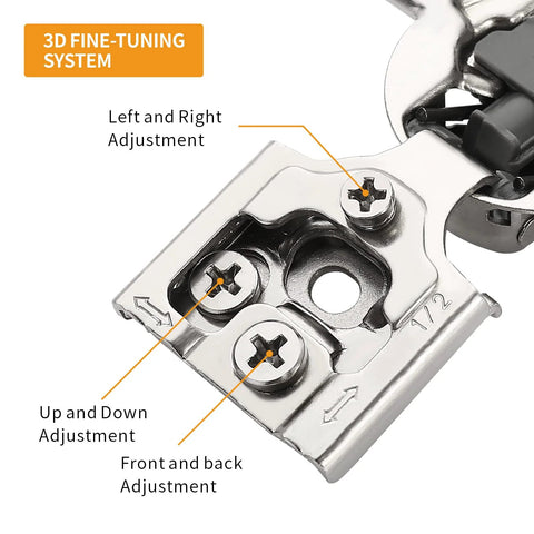 Close-up of 50 Pack Half Inch Overlay Concealed Cabinet Hinges with 3D Soft Close showing adjustment screws for face frame doors.