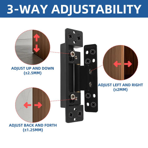 Ultra Thin 5 Inch Hidden Door Hinges for Secret Doors, 304 Stainless Steel, 3D adjustable hinge with 3-way adjustability guide