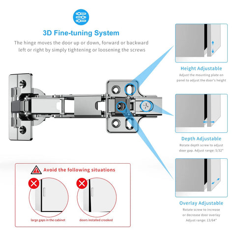Diagram of 2 Pack Frameless Full Overlay 175 Degree Soft Close Lazy Susan Hinges With Clip On Plate showcasing adjustments