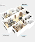 3D render of apartment floor plan with labeled bedroom, living room, kitchen, and closet