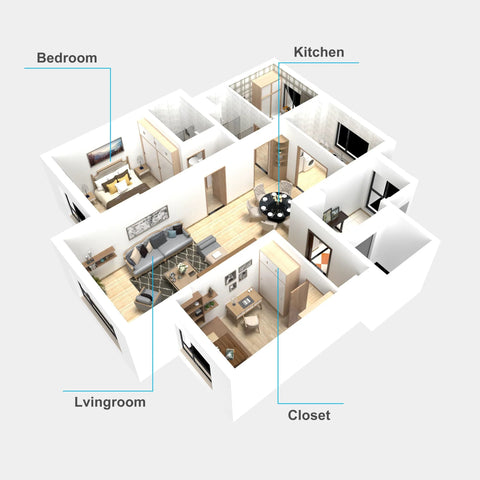 3D render of apartment floor plan with labeled bedroom, living room, kitchen, and closet
