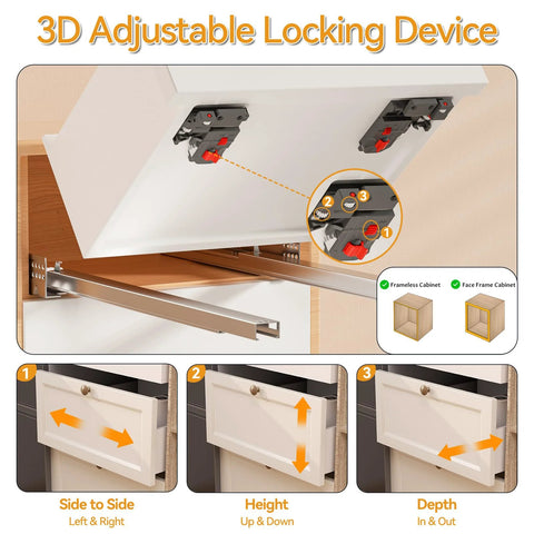 3D locking device mechanism for undermount soft close drawer slides, adjustable for side, height, and depth in face frame cabinets.
